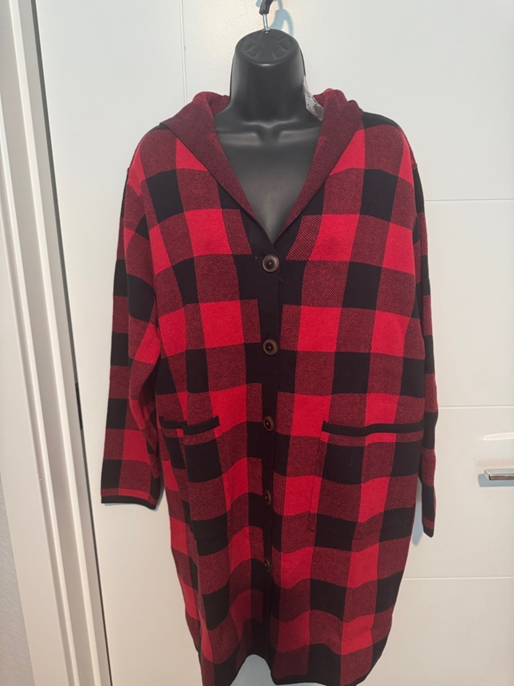 Women’s Red & Black Plaid Hooded Coatigan
